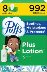Puffs Facial Tissues Plus Lotion, 8 Family Rectangle Boxes, 124 Facial Tissues per Box, Allergies and Colds (Packaging May Vary)