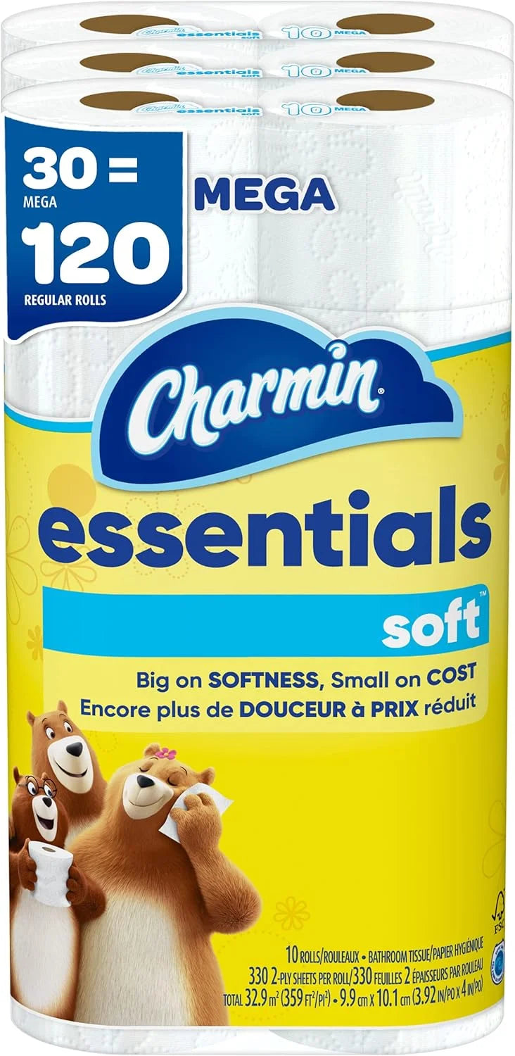 Charmin Essentials Soft Toilet Paper, 30 Mega Rolls = 120 Regular Rolls