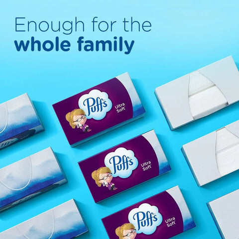 Puffs Ultra Soft Facial Tissues, 1 Family Size Box, 124 Facial Tissues Per Box (Pack of 4)