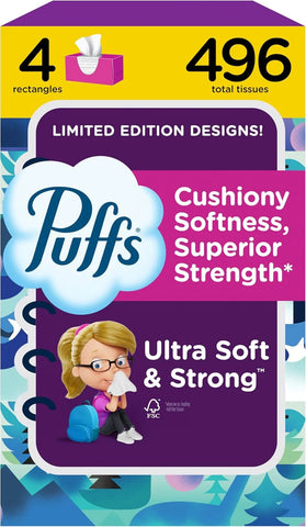 Puffs Facial Tissues Ultra Soft, 4 Family Boxes, 124 Facial Tissues per Box, Allergies and Colds (Packaging May Vary)