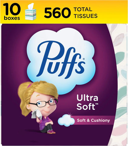 Puffs Facial Tissue Ultra Soft Non-Lotion, 10 Cube Boxes, 56 Facial Tissues per Box, Allergies and Colds (Packaging May Vary)