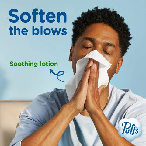 Puffs Facial Tissues Plus Lotion, 8 Family Rectangle Boxes, 124 Facial Tissues per Box, Allergies and Colds (Packaging May Vary)