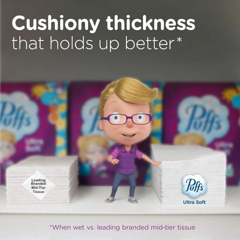 Puffs Facial Tissues Ultra Soft, 4 Mega Cube Boxes, 72 Facial Tissues per Box, Allergies and Colds (Packaging May Vary)