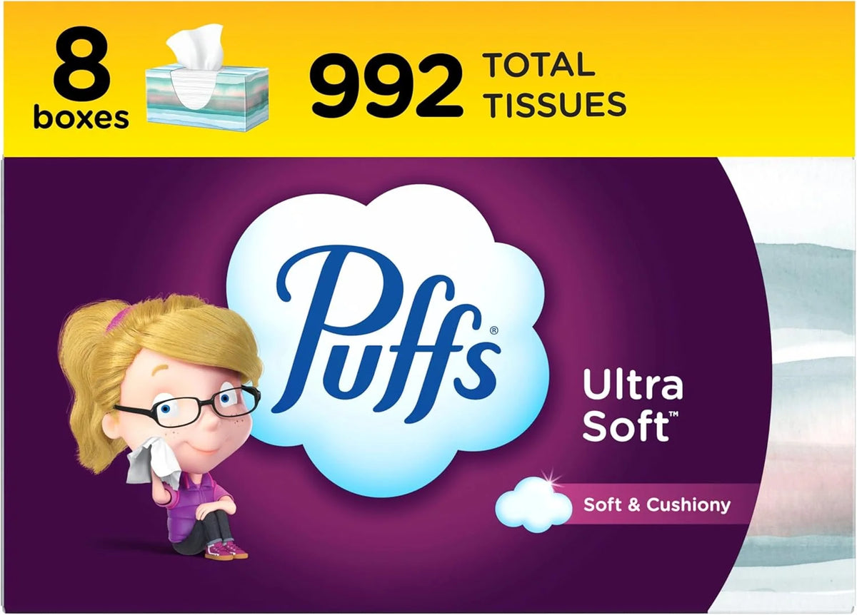 Puffs Facial Tissue Ultra Soft Non-Lotion, 8 Rectangle Boxes, 124 Facial Tissues per Box, Allergies and Colds (Packaging May Vary)