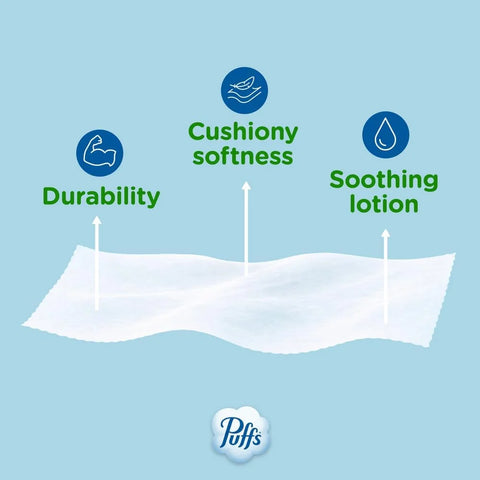 Puffs Facial Tissues Plus Lotion, 4 Family Boxes, 124 Facial Tissues per Box, Allergies and Colds (Packaging May Vary)