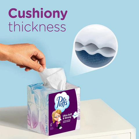Puffs Facial Tissues Ultra Soft, 4 Mega Cube Boxes, 72 Facial Tissues per Box, Allergies and Colds (Packaging May Vary)