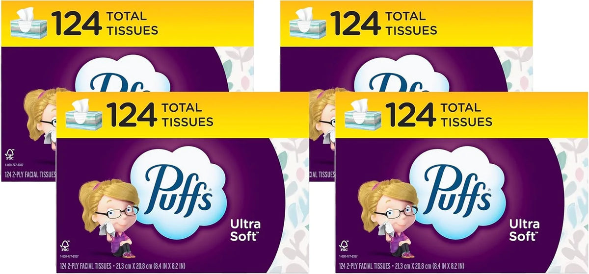 Puffs Ultra Soft Facial Tissues, 1 Family Size Box, 124 Facial Tissues Per Box (Pack of 4)