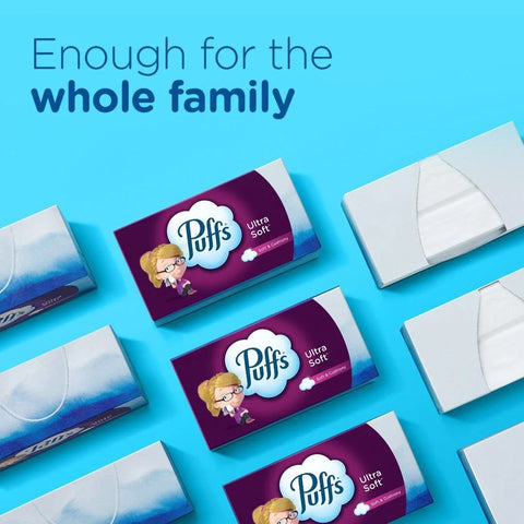 Puffs Facial Tissues Ultra Soft, 24 Family Rectangle Boxes, 124 Facial Tissues per Box, Allergies and Colds (Packaging May Vary)
