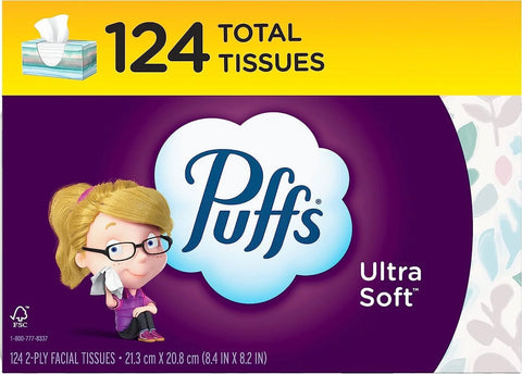 Puffs Facial Tissues Ultra Soft, 1 Rectangle Box, 124 Facial Tissues per Box, Allergies and Colds (Packaging May Vary)
