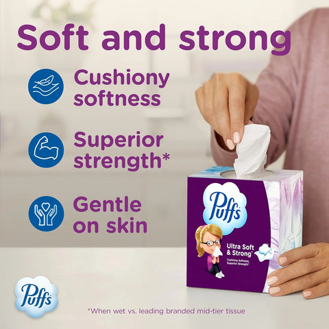 Puffs Facial Tissues Ultra Soft, 4 Mega Cube Boxes, 72 Facial Tissues per Box, Allergies and Colds (Packaging May Vary)