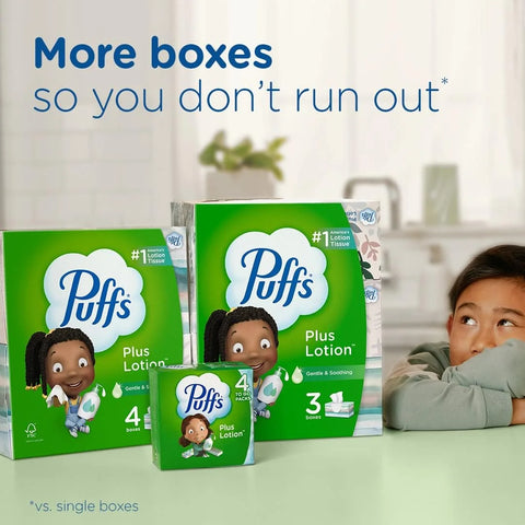 Puffs Plus Lotion Facial Tissue, 48 Tissues, Pack of 4 | Cube Box