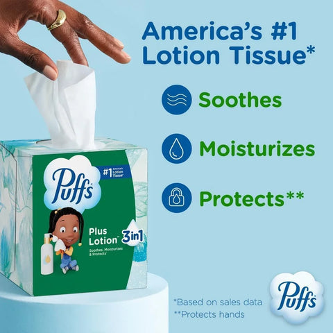 Puffs Facial Tissues Plus Lotion, 24 Family Rectangle Boxes, 124 Facial Tissues per Box, Allergies and Colds (Packaging May Vary)