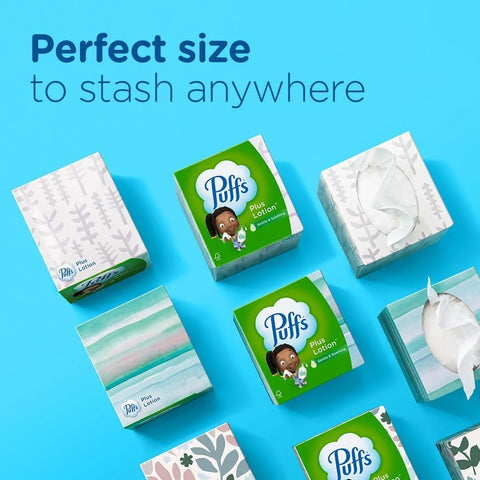 Puffs Facial Tissues Plus Lotion, 18 Cube Boxes, 56 Facial Tissues per Box, Allergies and Colds (Packaging May Vary)