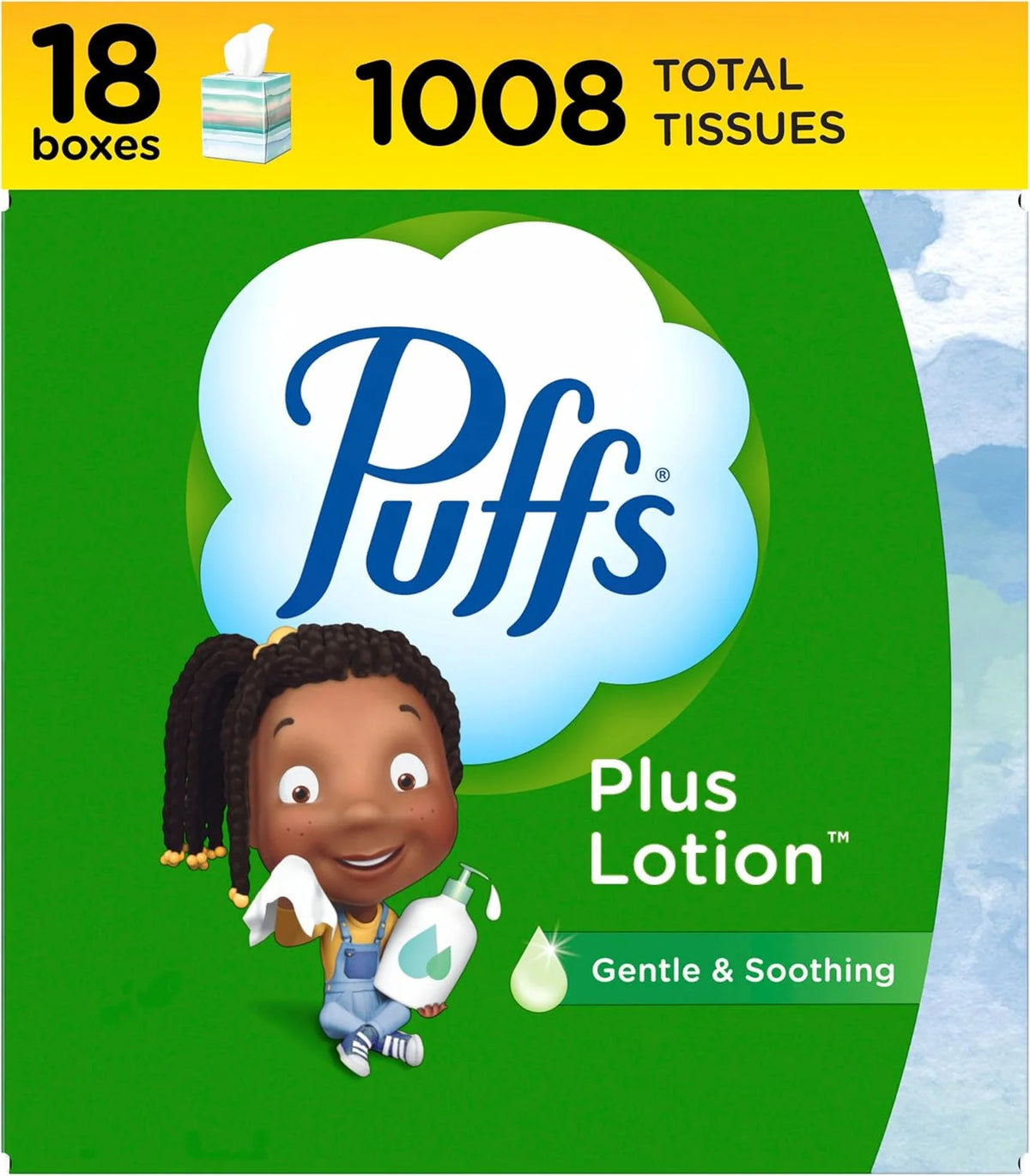 Puffs Facial Tissues Plus Lotion, 18 Cube Boxes, 56 Facial Tissues per Box, Allergies and Colds (Packaging May Vary)
